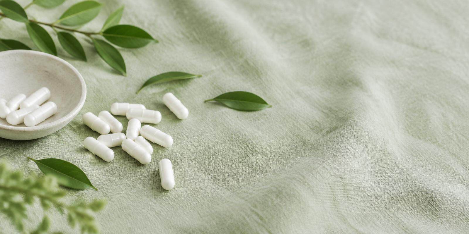 White magnesium capsules on sage green linen