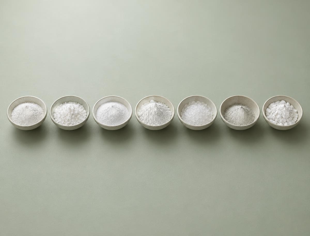 Seven ceramic bowls of white mineral powder in a row