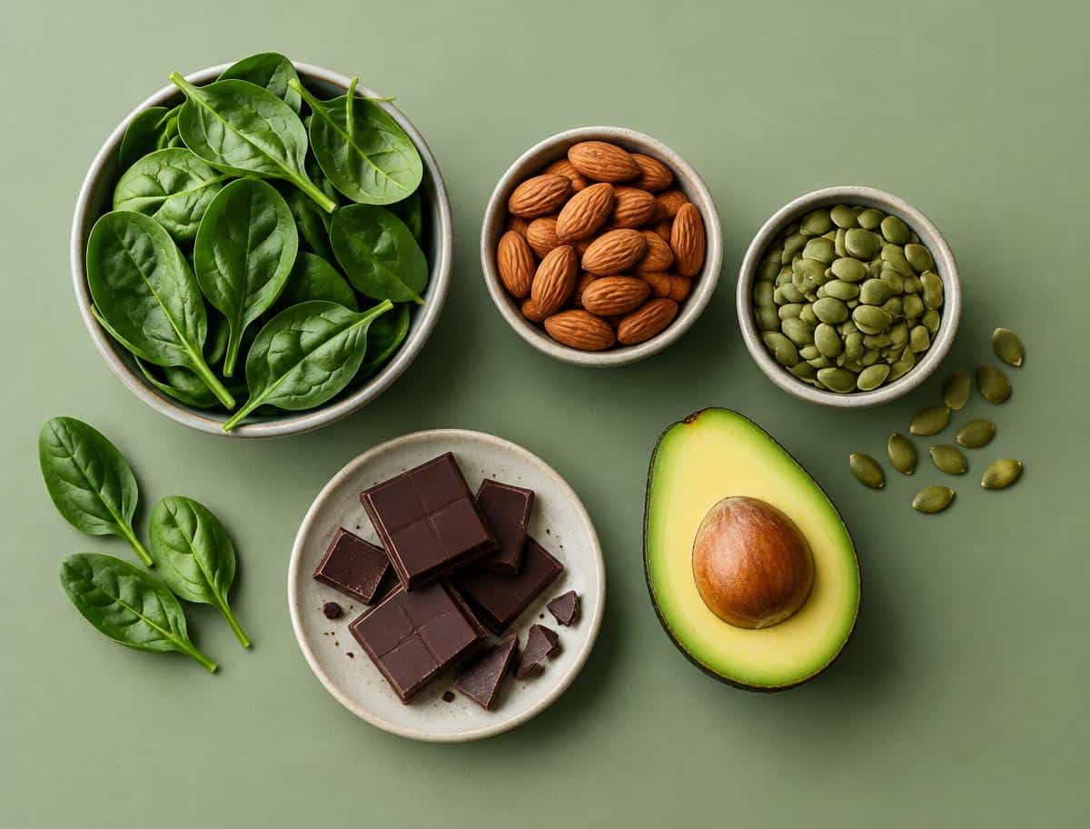 Magnesium-rich foods: spinach, almonds, pumpkin seeds, dark chocolate and avocado